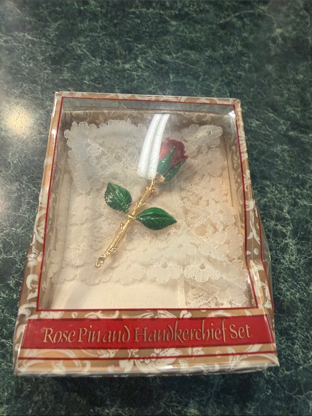 Vintage Red Rose Brooch Pin & Lace Handkerchief Boxed Set New Old Stock NOS